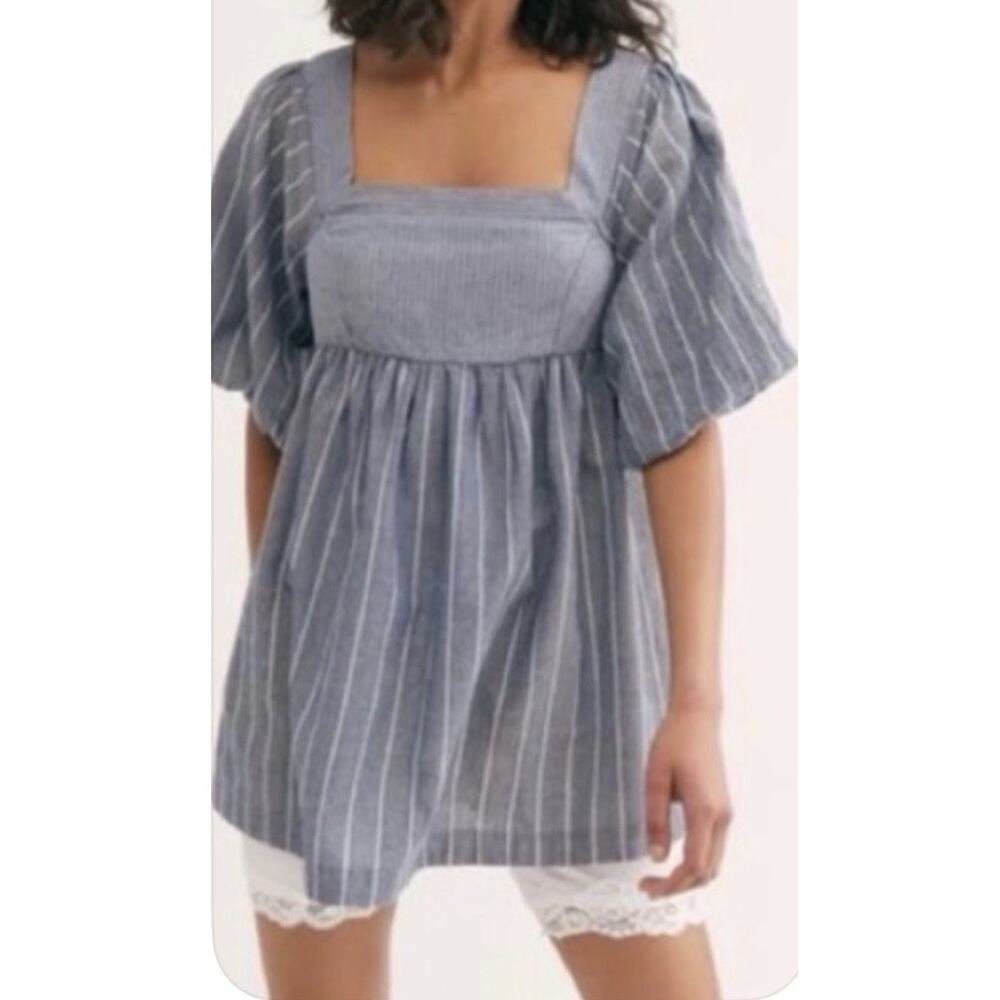 Free People Gigi Striped Tunic or Mini Dress Babydoll Romantic Top Blue XS